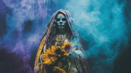 Experience the vibrant energy of a bustling city during a colorful fiesta de muerte. Explore the streets adorned with vibrant masks and decorations, immerse yourself in the festive atmosphere.の素材