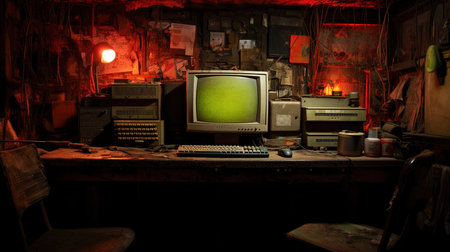 In the quiet of the night, amidst the cluttered desk and rusty workstation, the keyboard types away, illuminating the dimly lit room. What heartfelt message is being written on the computer screenの素材