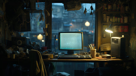 In the quiet of the night, amidst the cluttered desk and rusty workstation, the keyboard types away, illuminating the dimly lit room. What heartfelt message is being written on the computer screenの素材