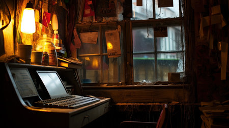 In the quiet of the night, amidst the cluttered desk and rusty workstation, the keyboard types away, illuminating the dimly lit room. What heartfelt message is being written on the computer screenの素材