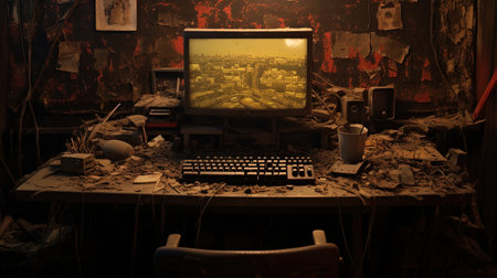 In the quiet of the night, amidst the cluttered desk and rusty workstation, the keyboard types away, illuminating the dimly lit room. What heartfelt message is being written on the computer screenの素材