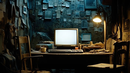 In the quiet of the night, amidst the cluttered desk and rusty workstation, the keyboard types away, illuminating the dimly lit room. What heartfelt message is being written on the computer screenの素材