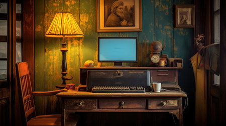 In the quiet of the night, amidst the cluttered desk and rusty workstation, the keyboard types away, illuminating the dimly lit room. What heartfelt message is being written on the computer screenの素材