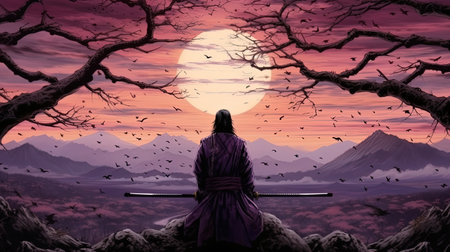 Witness the elegance and strength of a samurai at sunset, as shadows dance and crows fill the sky. Dive into the world of this very detailed and captivating image that captures the essence of ancient warriors.の素材