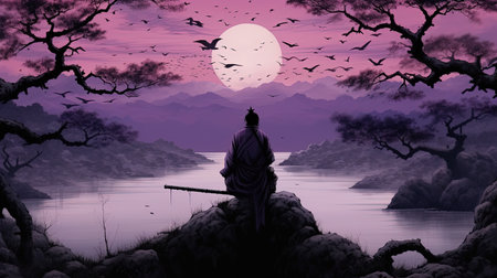 Witness the elegance and strength of a samurai at sunset, as shadows dance and crows fill the sky. Dive into the world of this very detailed and captivating image that captures the essence of ancient warriors.の素材
