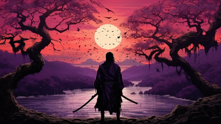 Witness the elegance and strength of a samurai at sunset, as shadows dance and crows fill the sky. Dive into the world of this very detailed and captivating image that captures the essence of ancient warriors.の素材