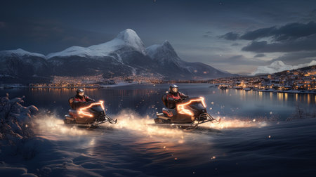 Embark on an exhilarating winter adventure as you ride snowmobiles through a snowy track. The soft, atmospheric lighting creates a magical ambiance, highlighting the dark indigo and light beige tones. Feel the thrill of the bright chandelier guiding your way, reminiscent of the works of Tyko Sallinen and Emile Claus. Let the ethereal beauty of the aurea borealis mesmerize you as you embrace the winter wonderland.の素材