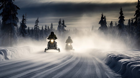 Embark on an exhilarating winter adventure as you ride snowmobiles through a snowy track. The soft, atmospheric lighting creates a magical ambiance, highlighting the dark indigo and light beige tones. Feel the thrill of the bright chandelier guiding your way, reminiscent of the works of Tyko Sallinen and Emile Claus. Let the ethereal beauty of the aurea borealis mesmerize you as you embrace the winter wonderland.の素材