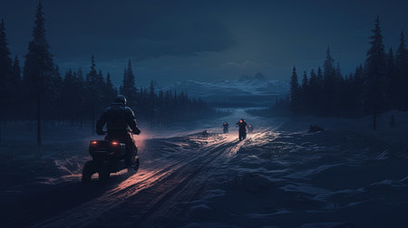 Embark on an exhilarating winter adventure as you ride snowmobiles through a snowy track. The soft, atmospheric lighting creates a magical ambiance, highlighting the dark indigo and light beige tones. Feel the thrill of the bright chandelier guiding your way, reminiscent of the works of Tyko Sallinen and Emile Claus. Let the ethereal beauty of the aurea borealis mesmerize you as you embrace the winter wonderland.の素材