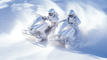 Embark on an exhilarating winter adventure as you ride snowmobiles through a snowy track. The soft, atmospheric lighting creates a magical ambiance, highlighting the dark indigo and light beige tones. Feel the thrill of the bright chandelier guiding your way, reminiscent of the works of Tyko Sallinen and Emile Claus. Let the ethereal beauty of the aurea borealis mesmerize you as you embrace the winter wonderland.の素材