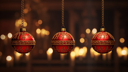 A beautifully painted Christmas tree ornament with a bokeh background, adorned with classic baubles and tinsel. The candlelit ambiance adds a touch of mystic and cinematic charm. Get into the holiday spirit with this timeless decoration.の素材