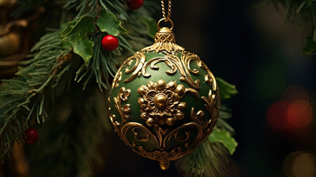 A beautifully painted Christmas tree ornament with a bokeh background, adorned with classic baubles and tinsel. The candlelit ambiance adds a touch of mystic and cinematic charm. Get into the holiday spirit with this timeless decoration.の素材