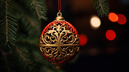 A beautifully painted Christmas tree ornament with a bokeh background, adorned with classic baubles and tinsel. The candlelit ambiance adds a touch of mystic and cinematic charm. Get into the holiday spirit with this timeless decoration.の素材