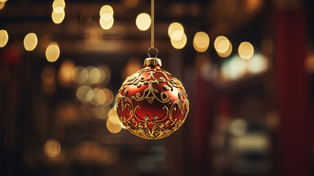 A beautifully painted Christmas tree ornament with a bokeh background, adorned with classic baubles and tinsel. The candlelit ambiance adds a touch of mystic and cinematic charm. Get into the holiday spirit with this timeless decoration.の素材