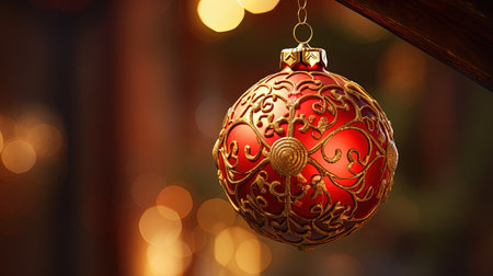 A beautifully painted Christmas tree ornament with a bokeh background, adorned with classic baubles and tinsel. The candlelit ambiance adds a touch of mystic and cinematic charm. Get into the holiday spirit with this timeless decoration.の素材