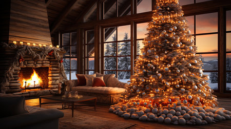 A beautifully decorated Christmas tree with bright lights, navy blue ornaments, and glowing candles, creating a warm and cozy atmosphere. Bring the holiday spirit to your home with this elegant cabin scene.の素材