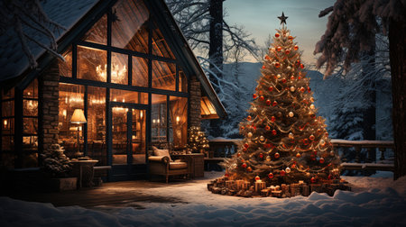 A beautifully decorated Christmas tree with bright lights, navy blue ornaments, and glowing candles, creating a warm and cozy atmosphere. Bring the holiday spirit to your home with this elegant cabin scene.の素材
