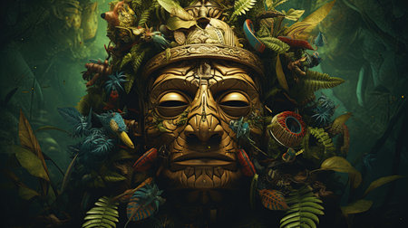 A vibrant and captivating illustration of a man living in the jungle, inspired by characteristic comic book art and Aztec art. The artwork showcases detailed character illustrations in dark emerald and bronze tones, with a touch of colorful ragecore elements.の素材