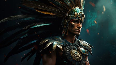 A vibrant and captivating illustration of a man living in the jungle, inspired by characteristic comic book art and Aztec art. The artwork showcases detailed character illustrations in dark emerald and bronze tones, with a touch of colorful ragecore elements.の素材