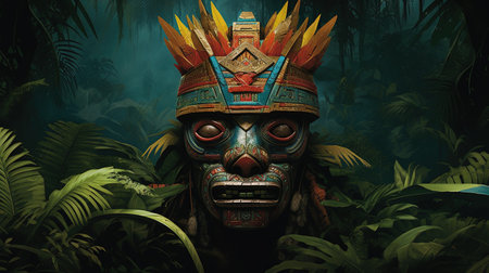 A vibrant and captivating illustration of a man living in the jungle, inspired by characteristic comic book art and Aztec art. The artwork showcases detailed character illustrations in dark emerald and bronze tones, with a touch of colorful ragecore elements.の素材