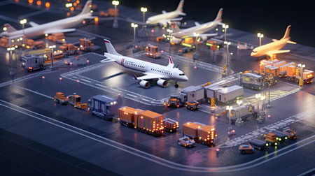 A breathtaking depiction of a vibrant international airport terminal, bustling with activity, as ground service vehicles attend to a diverse fleet of aircraft.の素材
