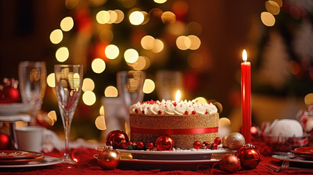 Experience the magic of Christmas with a beautifully laid table, adorned with festive decorations. The centerpiece is a large Christmas candle, creating a warm and inviting ambiance. Get into the holiday spirit and gather around this enchanting table for a memorable Christmas dinner.の素材