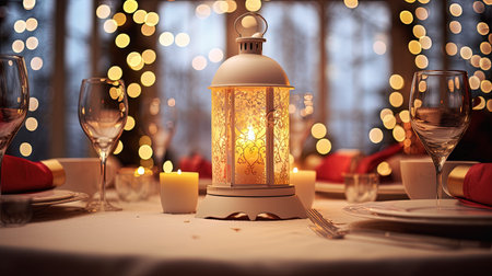 Experience the magic of Christmas with a beautifully laid table, adorned with festive decorations. The centerpiece is a large Christmas candle, creating a warm and inviting ambiance. Get into the holiday spirit and gather around this enchanting table for a memorable Christmas dinner.の素材