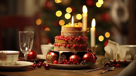 Experience the magic of Christmas with a beautifully laid table, adorned with festive decorations. The centerpiece is a large Christmas candle, creating a warm and inviting ambiance. Get into the holiday spirit and gather around this enchanting table for a memorable Christmas dinner.の素材