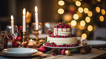 Experience the magic of Christmas with a beautifully laid table, adorned with festive decorations. The centerpiece is a large Christmas candle, creating a warm and inviting ambiance. Get into the holiday spirit and gather around this enchanting table for a memorable Christmas dinner.の素材