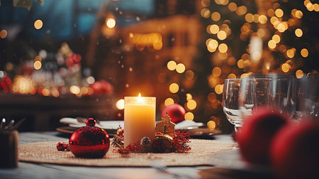 Experience the magic of Christmas with a beautifully laid table, adorned with festive decorations. The centerpiece is a large Christmas candle, creating a warm and inviting ambiance. Get into the holiday spirit and gather around this enchanting table for a memorable Christmas dinner.の素材