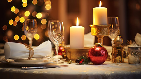 Experience the magic of Christmas with a beautifully laid table, adorned with festive decorations. The centerpiece is a large Christmas candle, creating a warm and inviting ambiance. Get into the holiday spirit and gather around this enchanting table for a memorable Christmas dinner.の素材