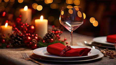 Experience the magic of Christmas with a beautifully laid table, adorned with festive decorations. The centerpiece is a large Christmas candle, creating a warm and inviting ambiance. Get into the holiday spirit and gather around this enchanting table for a memorable Christmas dinner.の素材