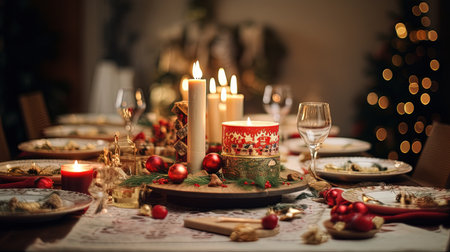 Experience the magic of Christmas with a beautifully laid table, adorned with festive decorations. The centerpiece is a large Christmas candle, creating a warm and inviting ambiance. Get into the holiday spirit and gather around this enchanting table for a memorable Christmas dinner.の素材