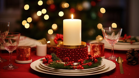 Experience the magic of Christmas with a beautifully laid table, adorned with festive decorations. The centerpiece is a large Christmas candle, creating a warm and inviting ambiance. Get into the holiday spirit and gather around this enchanting table for a memorable Christmas dinner.の素材