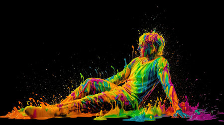 A boy rests in a dreamscape of vibrant color and abstract shapes. Neon art nouveau and flowing silhouettes surround him, evoking a sense of wonder and possibilityの素材