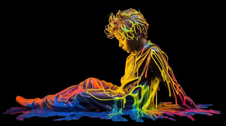 A boy rests in a dreamscape of vibrant color and abstract shapes. Neon art nouveau and flowing silhouettes surround him, evoking a sense of wonder and possibilityの素材