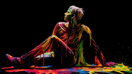 A man lays still, his body painted with a palette of vibrant colors that shine brightly against the dark backdrop. The flowing silhouettes and splattered paint create a mesmerizing display, like neon art nouveau come to life.の素材