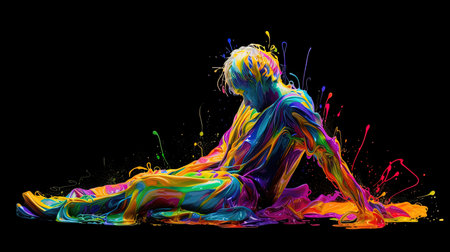 A boy rests in a dreamscape of vibrant color and abstract shapes. Neon art nouveau and flowing silhouettes surround him, evoking a sense of wonder and possibilityの素材