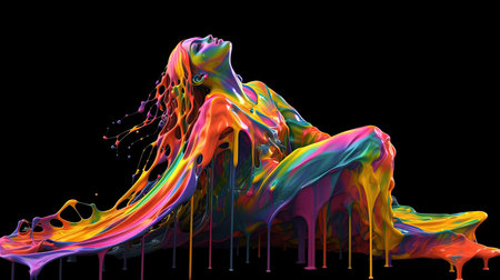 Experience the vibrant energy of neon art nouveau in this stunning digital image featuring a girl covered in colorful paint. Her flowing silhouettes, splattered and dripped with paint, create a dreamy atmosphere that will leave you breathlessの素材