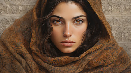 A beautiful portrait of a mythic Arabic woman from the tales of 1001 Nights, created using the 'Threaded Essence' style. The image combines the art of embroidery with portraiture to create a unique and striking visual. The threads weave through the image, adding texture and depth to the woman's expression. The comic theme adds a fun and playful touch to the piece.の素材