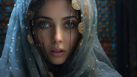 A beautiful portrait of a mythic Arabic woman from the tales of 1001 Nights, created using the 'Threaded Essence' style. The image combines the art of embroidery with portraiture to create a unique and striking visual. The threads weave through the image, adding texture and depth to the woman's expression. The comic theme adds a fun and playful touch to the piece.の素材