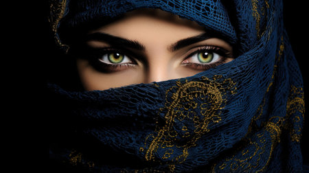 A beautiful portrait of a mythic Arabic woman from the tales of 1001 Nights, created using the 'Threaded Essence' style. The image combines the art of embroidery with portraiture to create a unique and striking visual. The threads weave through the image, adding texture and depth to the woman's expression. The comic theme adds a fun and playful touch to the piece.の素材