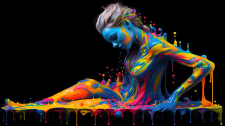 A woman lies on her back, her silhouette flowing in the style of neon art nouveau. Her body is covered in colorful paint, dripping and splattered in a beautiful rainbow core. Against a black background, her undefined anatomy is a work of art.の素材