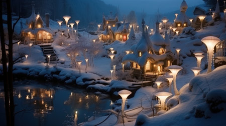Experience the enchantment of a snowy Xmas wonderland in Scandinavia during the magical blue hour. Let the softly lit blue hues transport you to a world of winter wonder and holiday joy.の素材