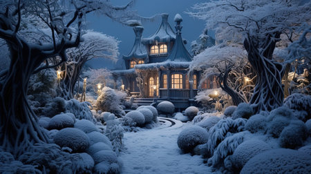 Experience the enchantment of a snowy Xmas wonderland in Scandinavia during the magical blue hour. Let the softly lit blue hues transport you to a world of winter wonder and holiday joy.の素材