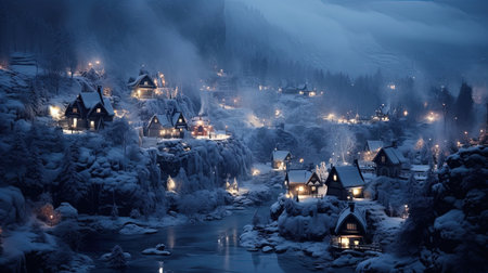 Experience the enchantment of a snowy Xmas wonderland in Scandinavia during the magical blue hour. Let the softly lit blue hues transport you to a world of winter wonder and holiday joy.の素材