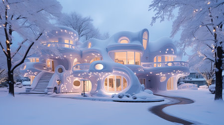 Experience the enchantment of a snowy Xmas wonderland in Scandinavia during the magical blue hour. Let the softly lit blue hues transport you to a world of winter wonder and holiday joy.の素材