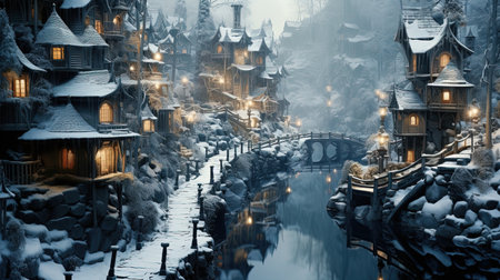 Experience the enchantment of a snowy Xmas wonderland in Scandinavia during the magical blue hour. Let the softly lit blue hues transport you to a world of winter wonder and holiday joy.の素材