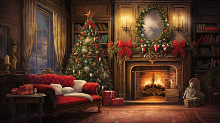 Experience the warmth and joy of the holiday season in this vivid and lifelike vintage oil painting. Step into a festively adorned living room from the 1750s, complete with a crackling fireplace, cozy sofa, and meticulously crafted artificial snow gently falling. Let the vintage color grades transport you to a bygone era filled with holiday spirit.の素材