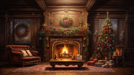 Experience the warmth and joy of the holiday season in this vivid and lifelike vintage oil painting. Step into a festively adorned living room from the 1750s, complete with a crackling fireplace, cozy sofa, and meticulously crafted artificial snow gently falling. Let the vintage color grades transport you to a bygone era filled with holiday spirit.の素材